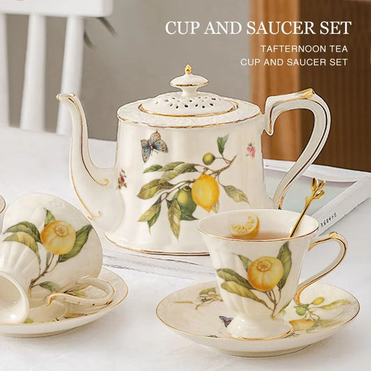 Cheap price promotion European yellow lemon tree pattern tea cup dish with gold edge