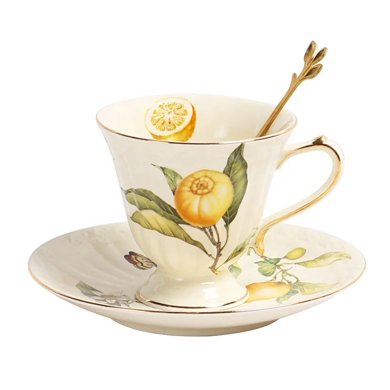 Cheap price promotion European yellow lemon tree pattern tea cup dish with gold edge