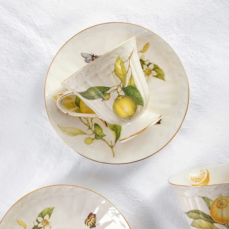 Cheap price promotion European yellow lemon tree pattern tea cup dish with gold edge