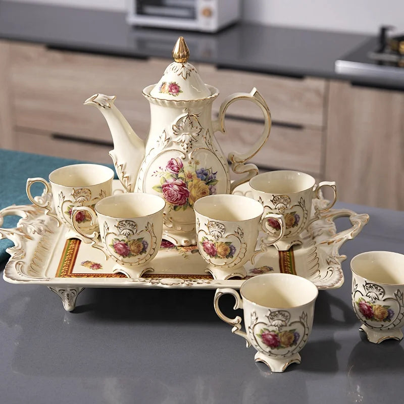 Discount European-style white Phnom Penh embossed rose pattern afternoon tea coffee set and tea set