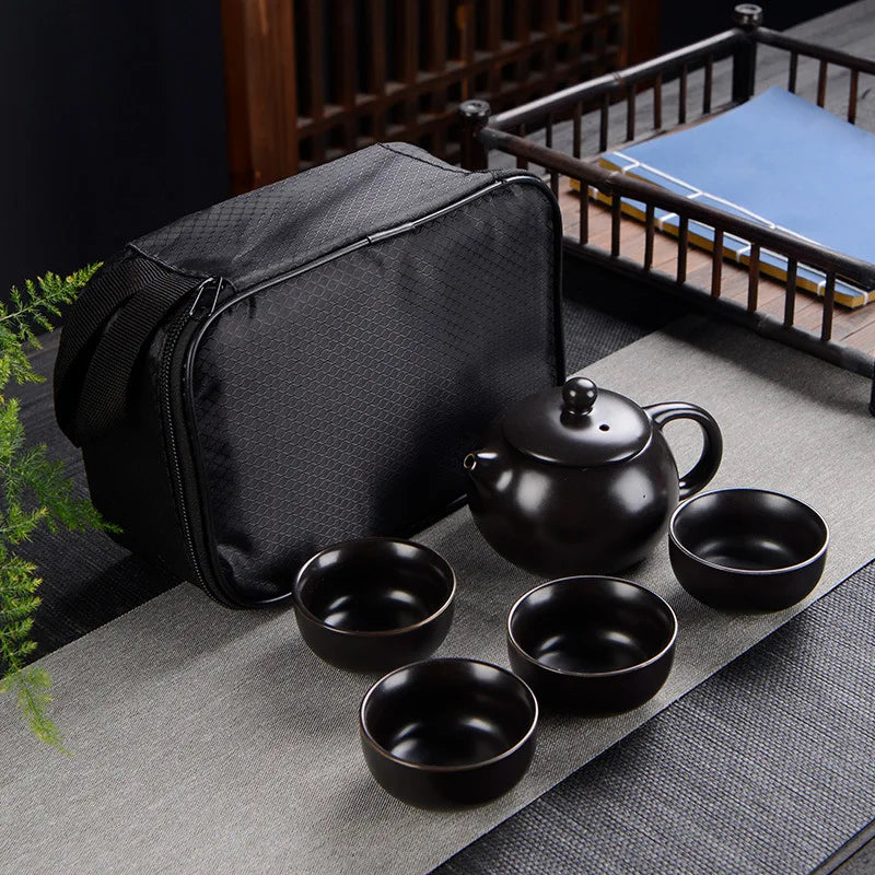 Portable Ceramic Travel Kung Fu Teapot Tea Cup Gift Set With Small Black Bag