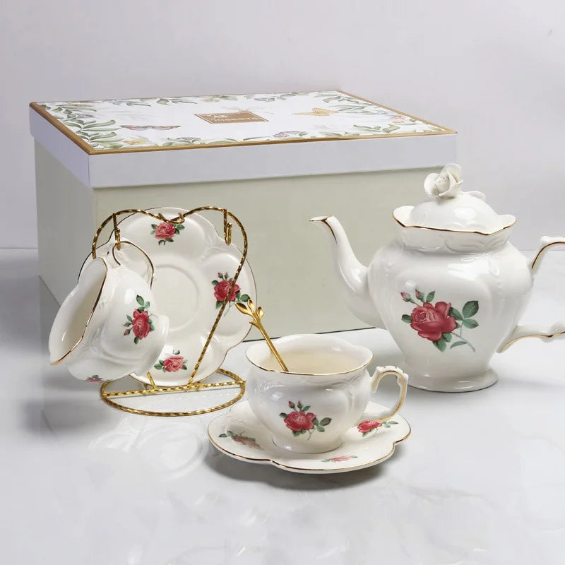 Low priced European rose patterned porcelain tea sets and cups