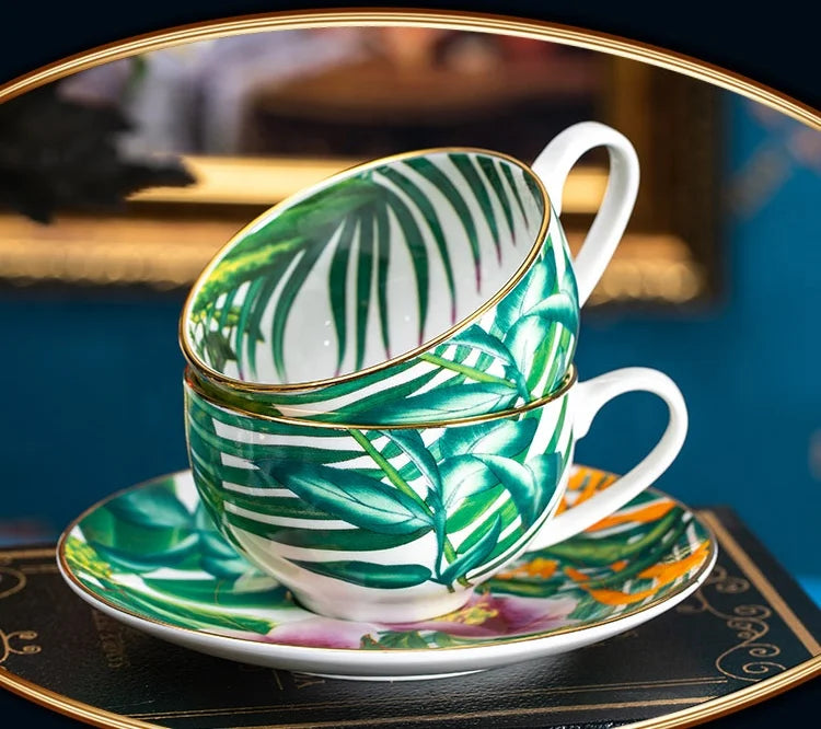 Luxury 15pcs fine bone china coffee sets tropical rainforest series porcelain coffee tea set with gift box