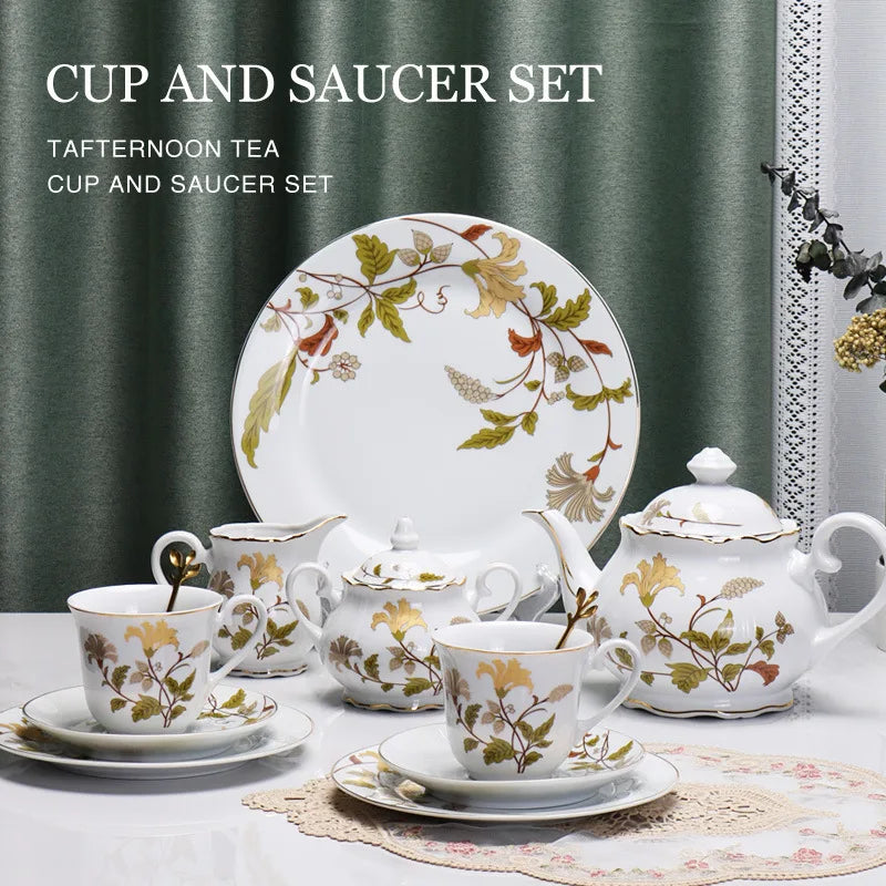 Hot selling Nordic flower patterned porcelain coffee set and plate