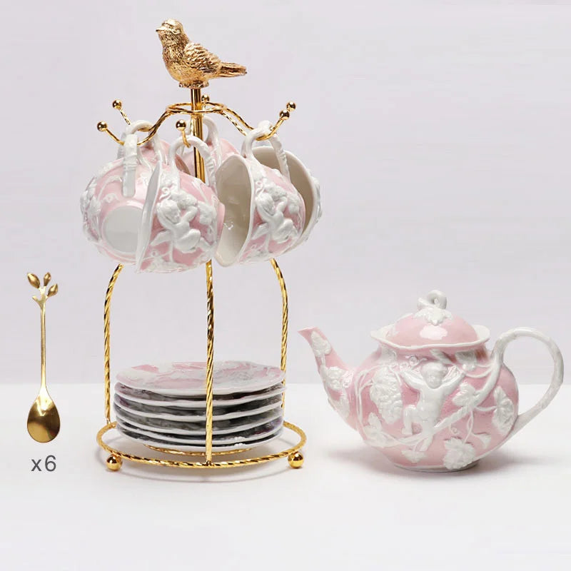 Hot selling European style relief pink ceramic tea set