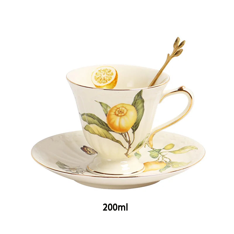 Cheap price promotion European yellow lemon tree pattern tea cup dish with gold edge