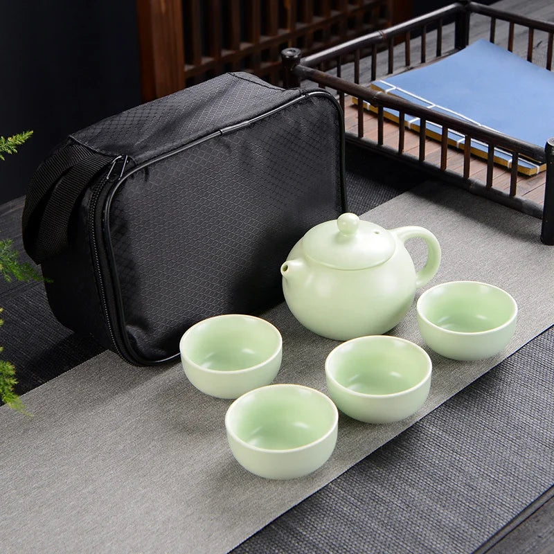 Portable Ceramic Travel Kung Fu Teapot Tea Cup Gift Set With Small Black Bag