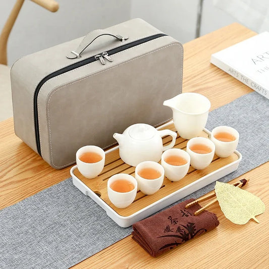 Suet jade travelling Kung Fu tea set ceramic teapot white porcelain portable tea set with wood tray