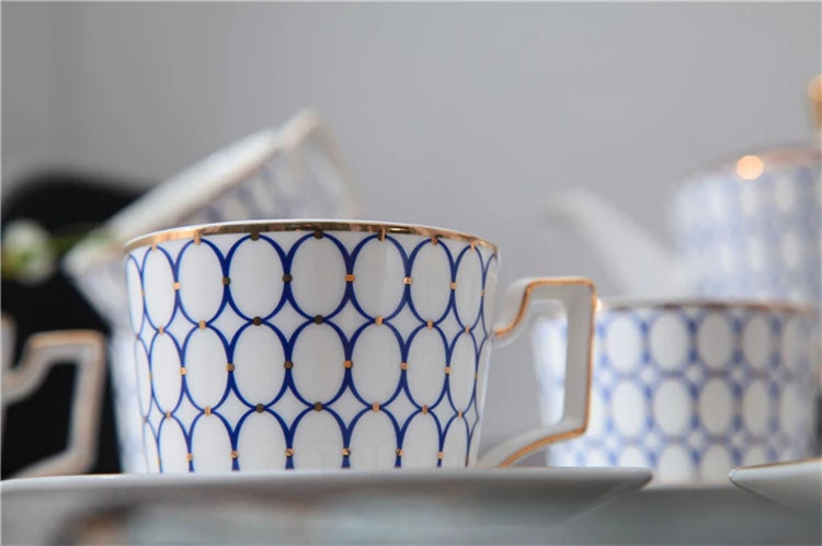 Hot selling 15pcs European Style Blue Annulus Porcelain Coffee and Tea Sets Ceramic Cups Set