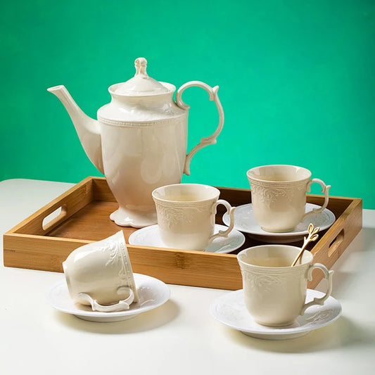 Low price promotion of European white and yellow embossed afternoon tea ceramic coffee set