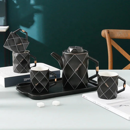 Promotional diamond pattern 6pcs ceramic tea set ceramic pot and mug with tray