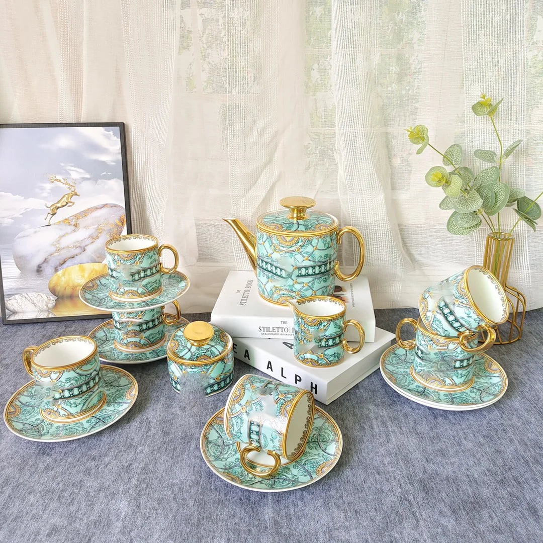 Hot Sale 15 Piece Nordic Luxury Fine White and Gold Ceramic Coffee and Tea Set with Gold Handle