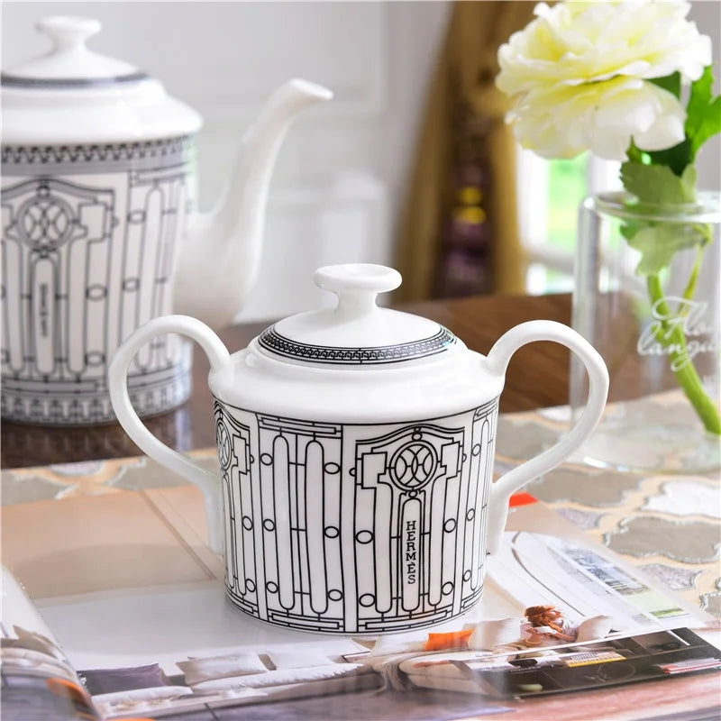 Hot Sell 15 Pcs  Western Royal Gray Stripe Kitchen Accessories Ceramic Coffee Tea Sets With Gold Handle