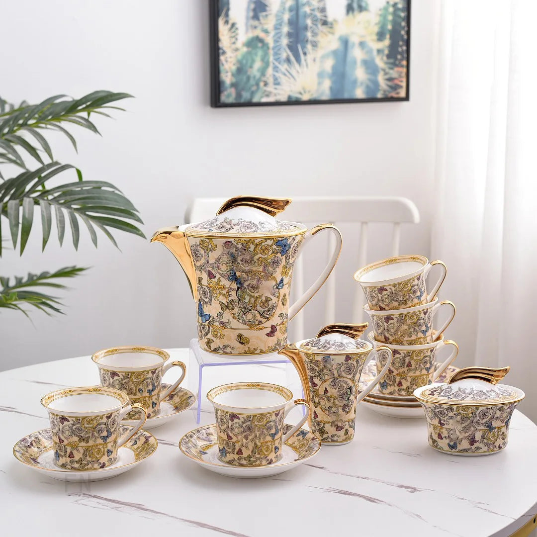 Promotion 15 PCS Nordic Royal Portrait Golden Bone China Coffee Tea Sets