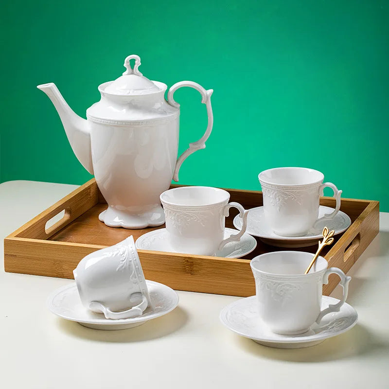 Low price promotion of European white and yellow embossed afternoon tea ceramic coffee set