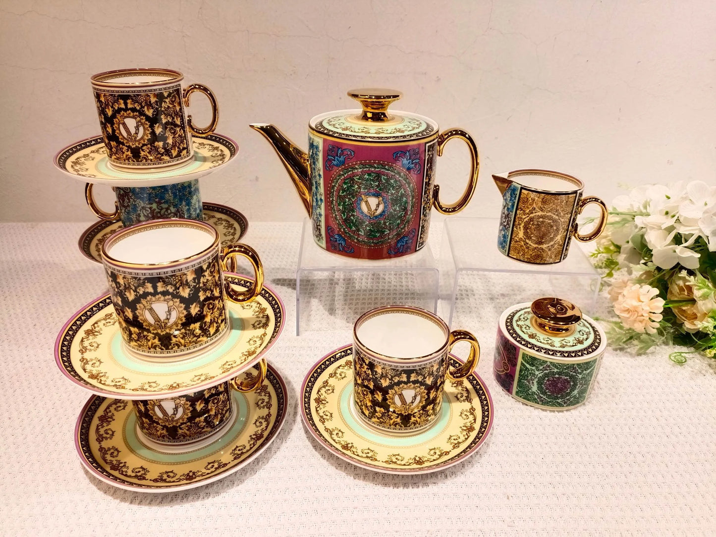 New European color pattern 15-piece ceramic tea set coffee set