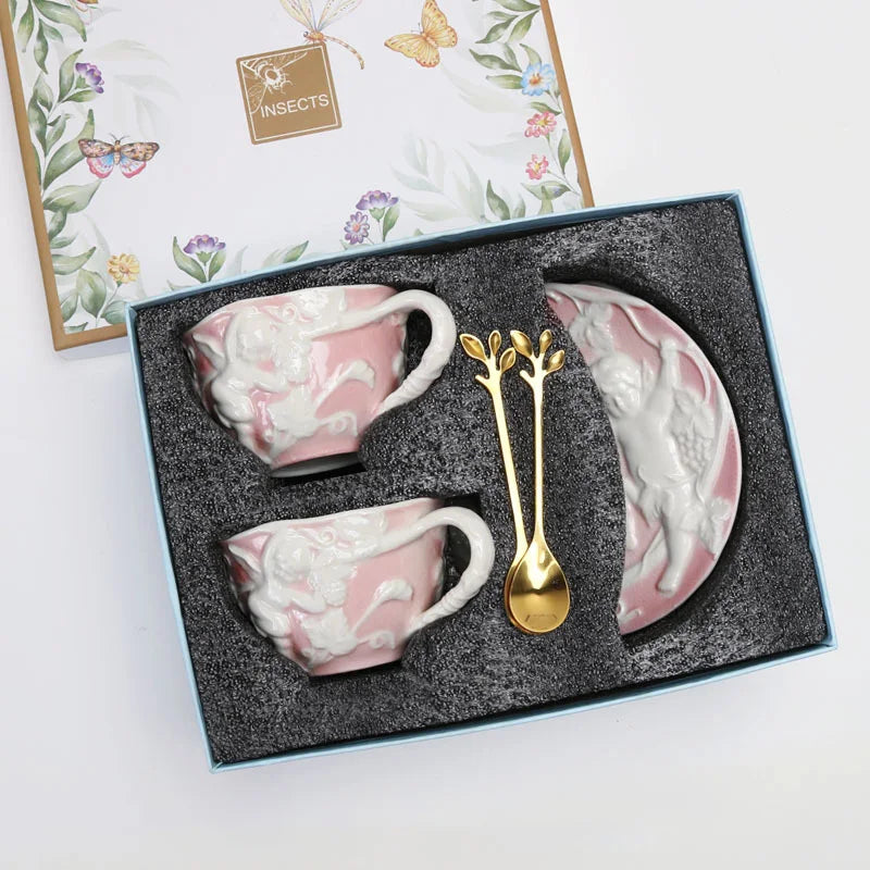 Hot selling European style relief pink ceramic tea set