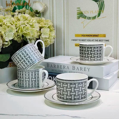 Hot Sale Nordic Luxury Grey Vertical Pattern Porcelain Tea Cup & Saucer Set