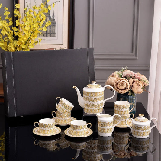 Best Selling 15pcs European Luxury Fine Ceramic Coffee and Tea Sets with Gold Handles