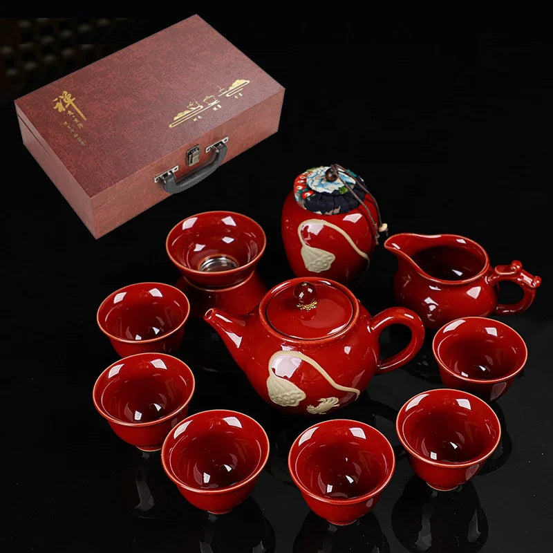 Wholesale Kung Fu tea set red crockery teapot cup set with gift box