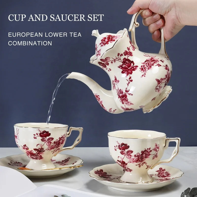 Customized wholesale European rose pattern coffee and tea set Creative ceramic mug gifts