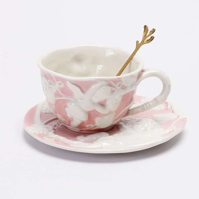 Hot selling European style relief pink ceramic tea set