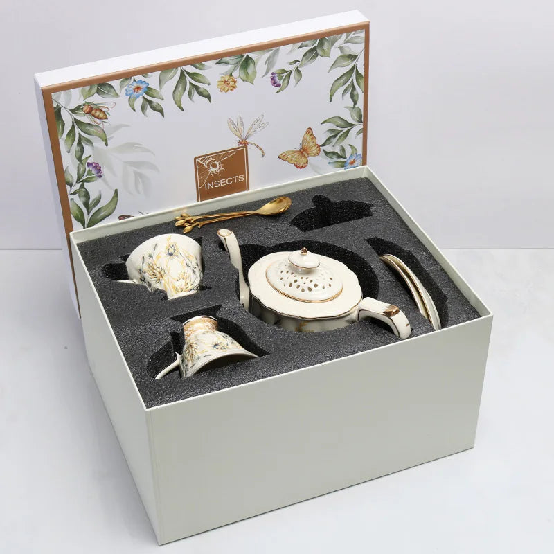 Wholesale European style golden border wheat ear pattern tea cups and saucers with gift boxes