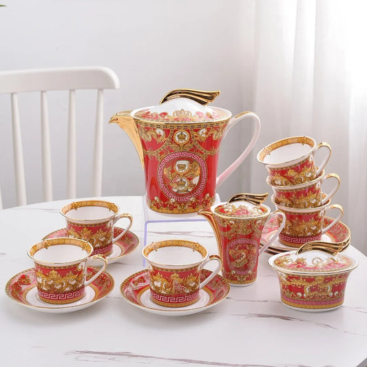 Hot selling luxury red15pcs ceramic tea sets and mugs for Christmas gifts