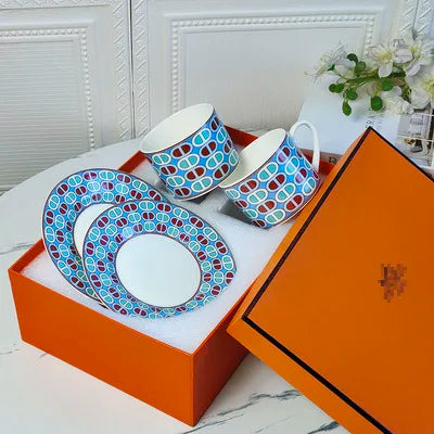 Hot Sale European Luxury Red and Blue Circle Porcelain Tea Cup & Saucer Set