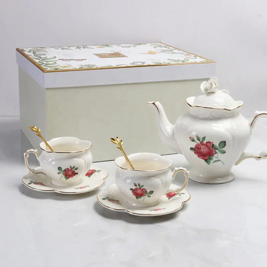 Promotional European Flower Pattern Porcelain Tea Set with Gift Box