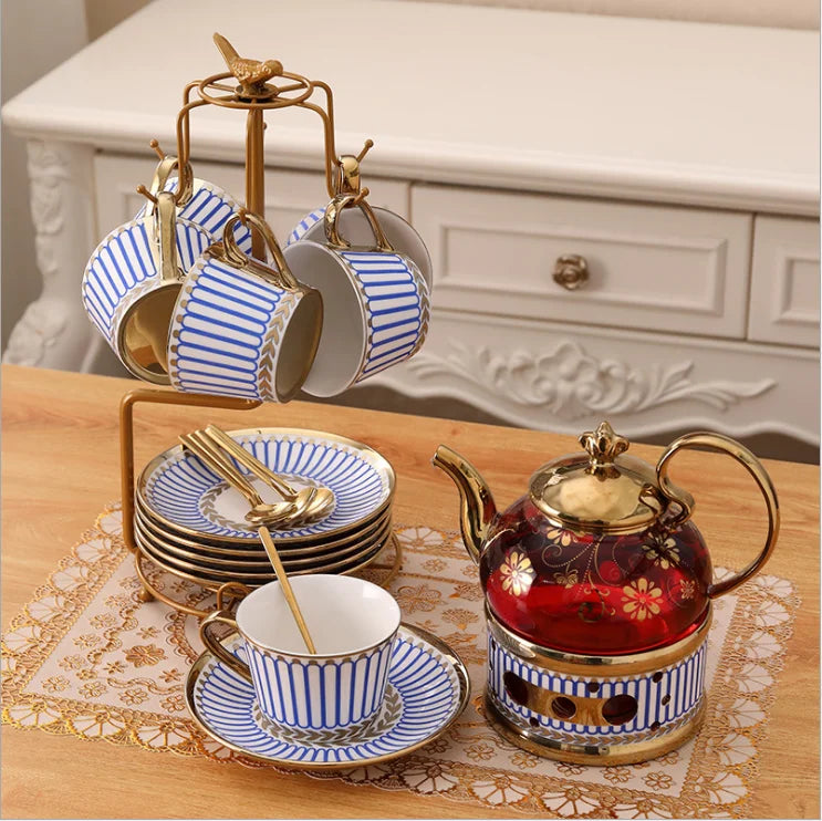 European style flower tea set flower teacup glass pot heat-resistant candle heating set afternoon tea set