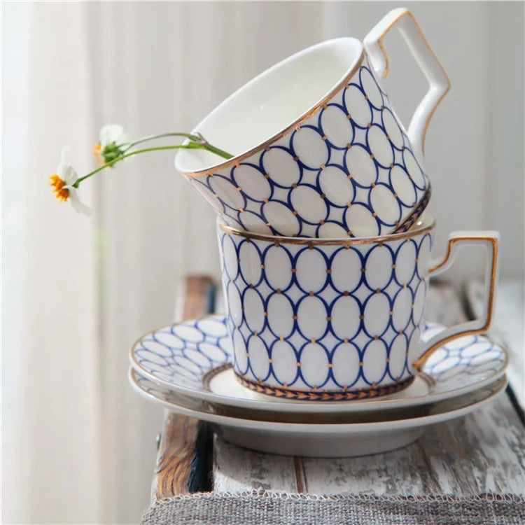 Hot selling 15pcs European Style Blue Annulus Porcelain Coffee and Tea Sets Ceramic Cups Set