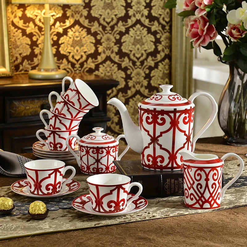 Best Sell Luxury Traditional Red Paper-cut Art Home Decors Bone China Coffee Tea sets