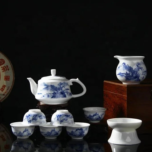 New Product 9 Pieces Jingdezhen Hand Painted Teapot Sets Living Room Sets Scenery Blue and White Porcelain Tea Cups Sets