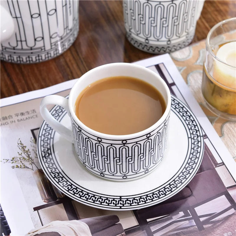 Hot Sell 15 Pcs  Western Royal Gray Stripe Kitchen Accessories Ceramic Coffee Tea Sets With Gold Handle