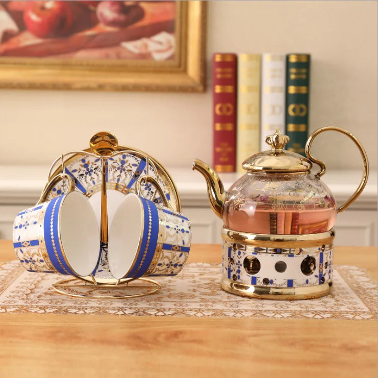 European style flower tea set flower teacup glass pot heat-resistant candle heating set afternoon tea set