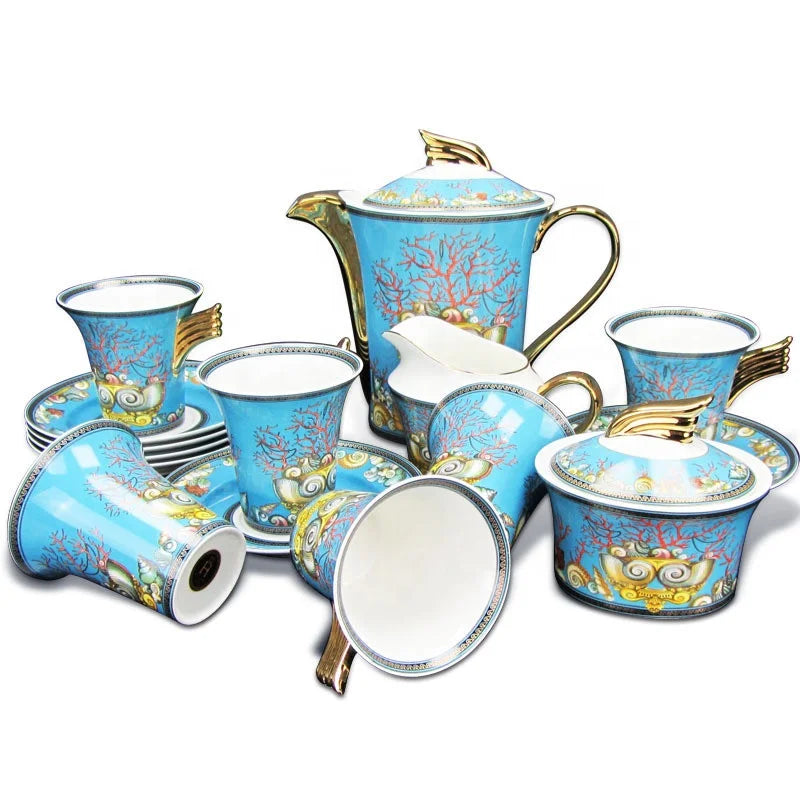 European 15 pieces blue porcelain coffee set home/restaurant/hotel ceramic teapot coffee cup turkish tea set