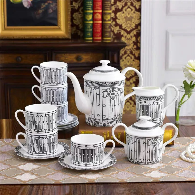 Hot Sell 15 Pcs  Western Royal Gray Stripe Kitchen Accessories Ceramic Coffee Tea Sets With Gold Handle