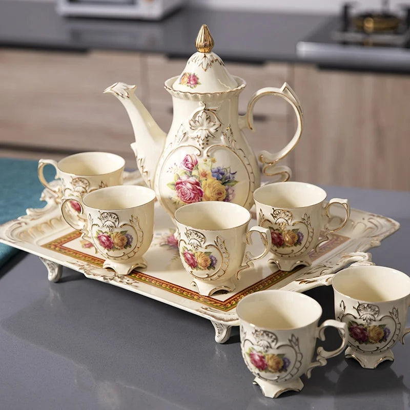 Discount European-style white Phnom Penh embossed rose pattern afternoon tea coffee set and tea set