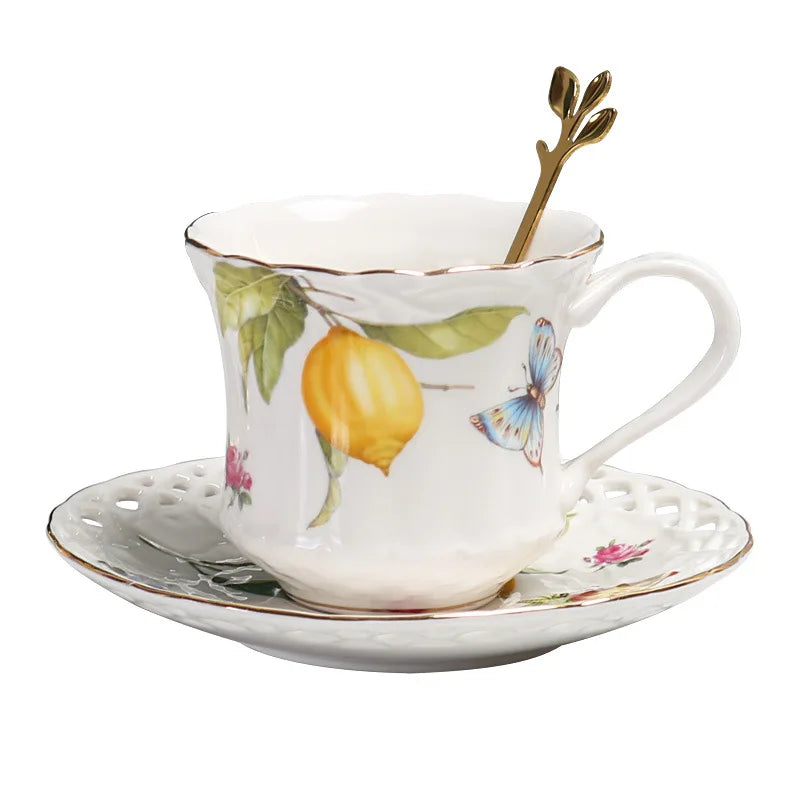 Low price European style relief lemon tree pattern porcelain tea cups and saucers