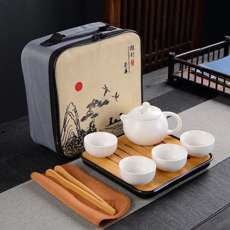 Portable Ceramic Travel Kung Fu Teapot Tea Cup Gift Set With Square bag