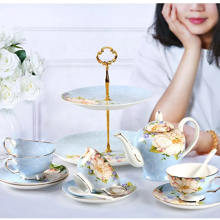 Hot sale light blue color fine british style bone china ceramic afternoon coffee tea set