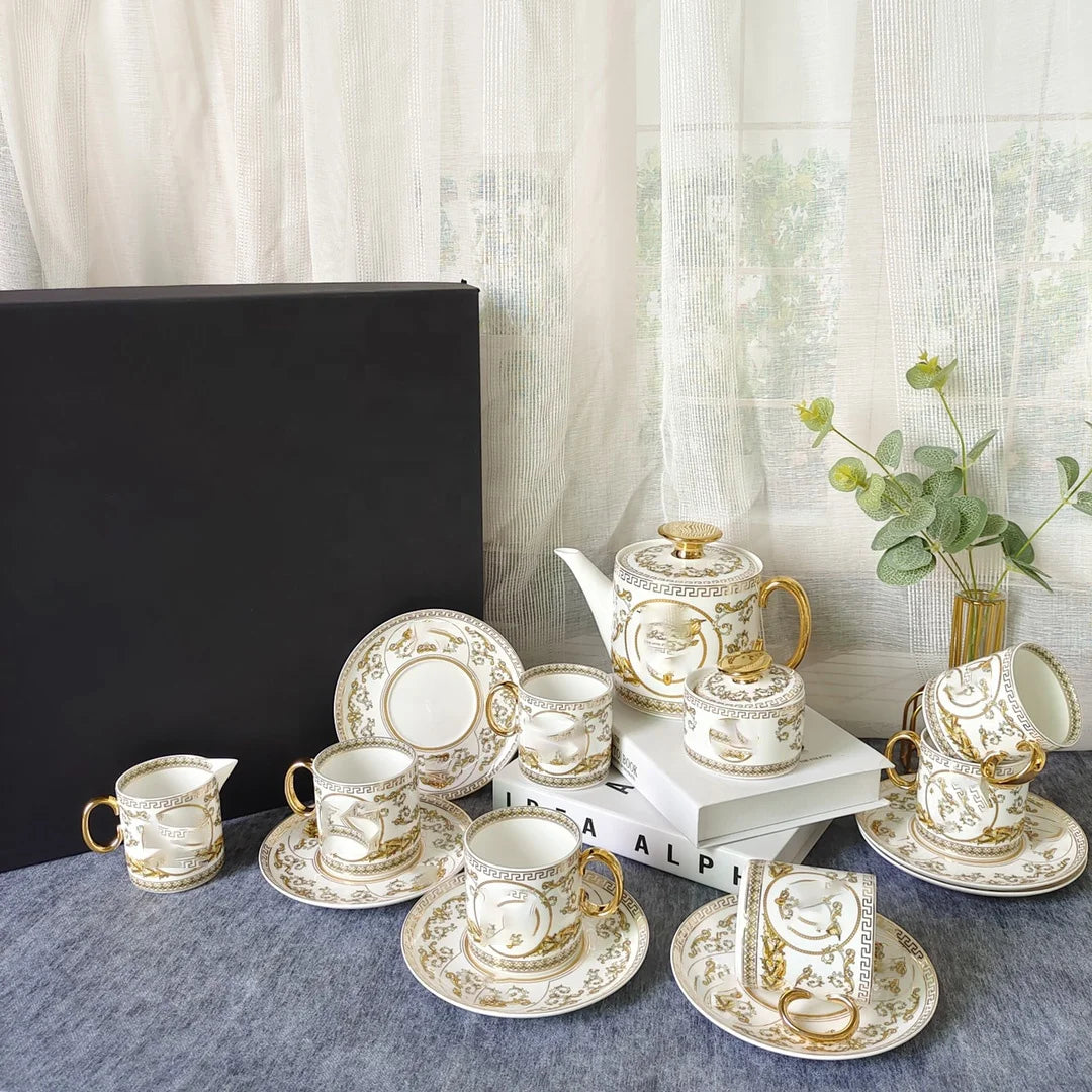 Hot Sale 15 Piece Nordic Luxury Fine White and Gold Ceramic Coffee and Tea Set with Gold Handle