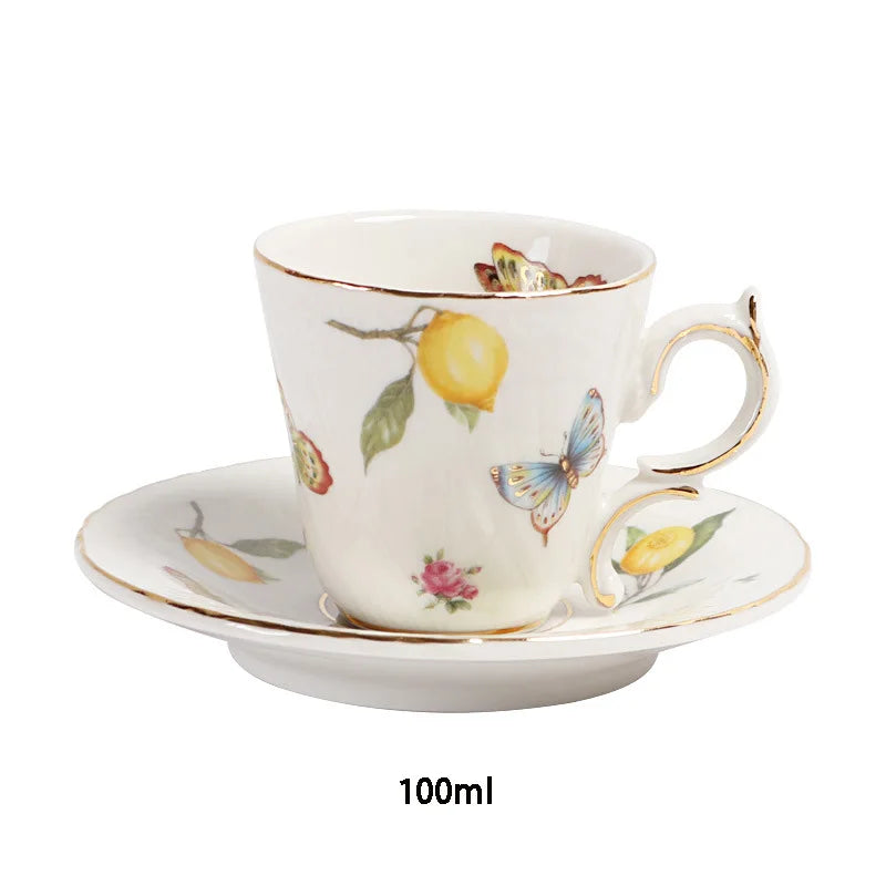 Cheap price promotion European yellow lemon tree pattern tea cup dish with gold edge