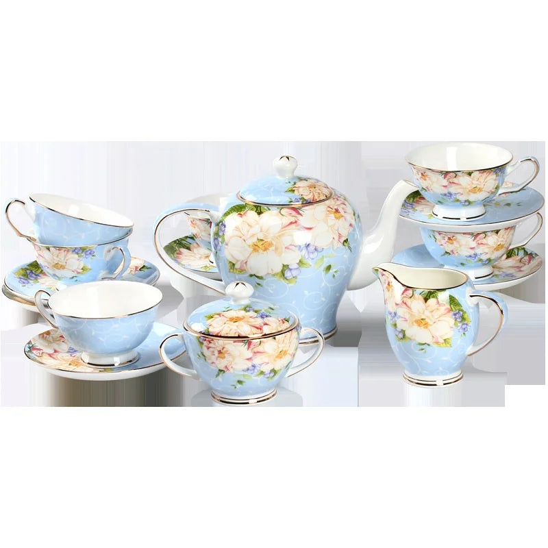 Hot sale light blue color fine british style bone china ceramic afternoon coffee tea set