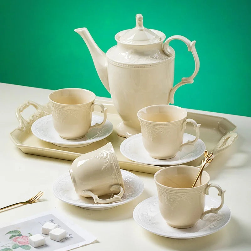 Low price promotion of European white and yellow embossed afternoon tea ceramic coffee set