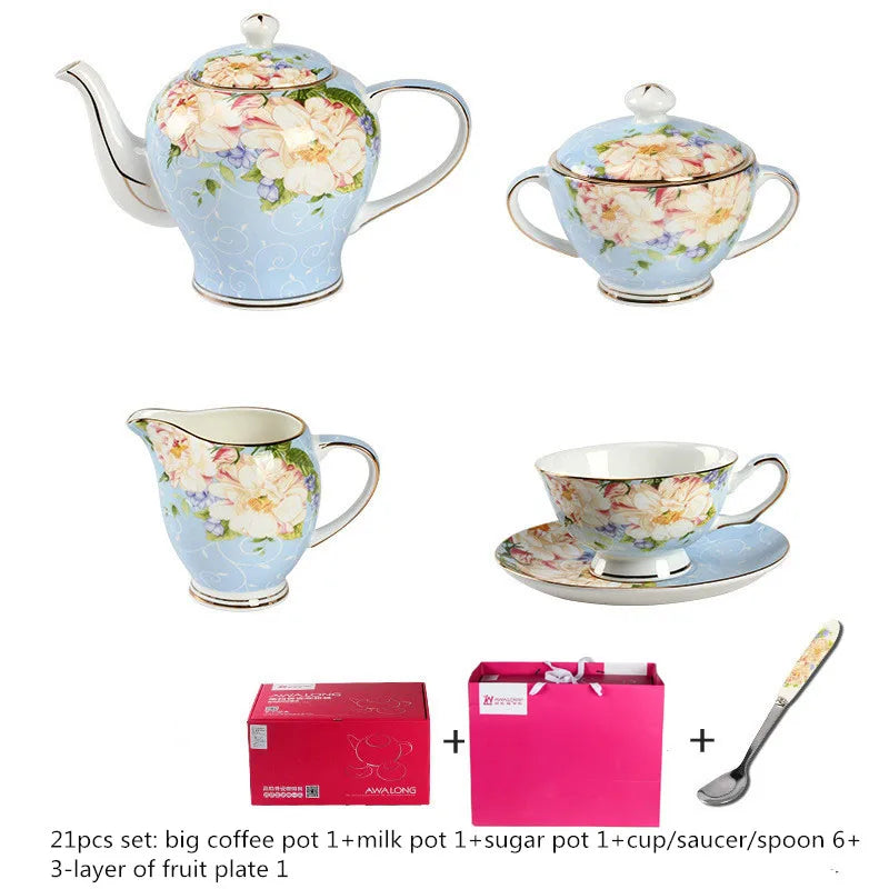 Hot sale light blue color fine british style bone china ceramic afternoon coffee tea set