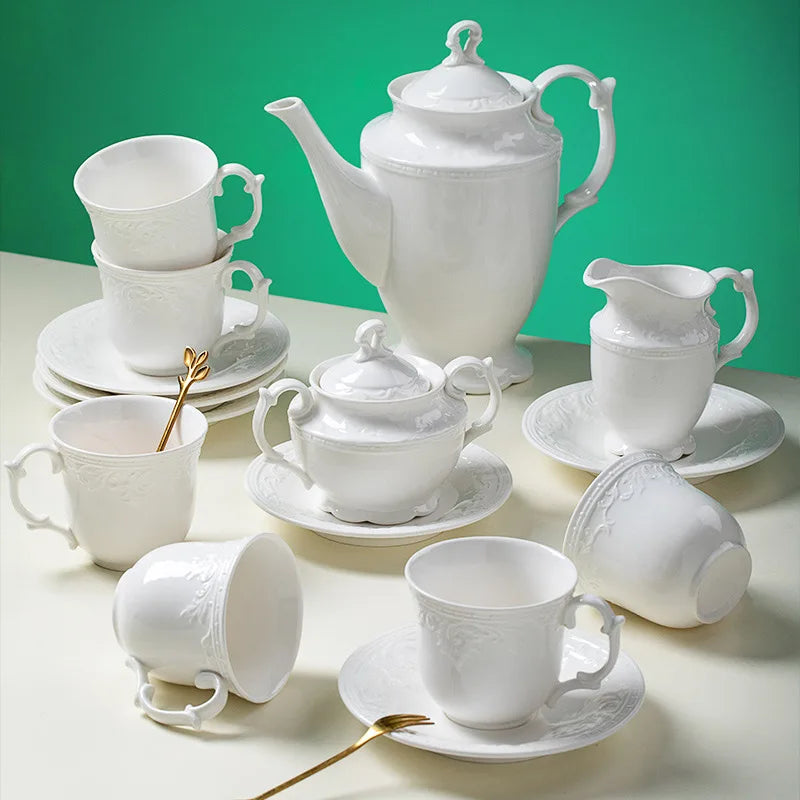 Low price promotion of European white and yellow embossed afternoon tea ceramic coffee set