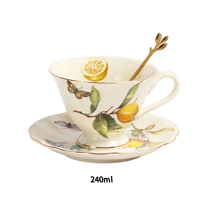 Cheap price promotion European yellow lemon tree pattern tea cup dish with gold edge