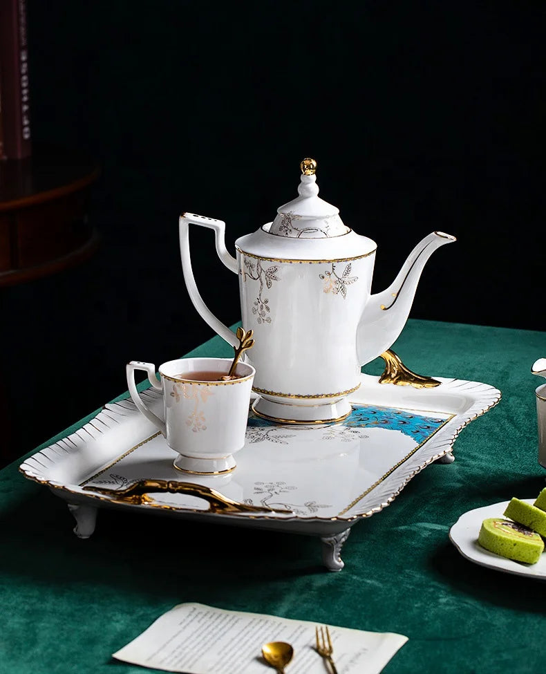 Low price discount European luxury peacock pattern afternoon tea ceramic tea set